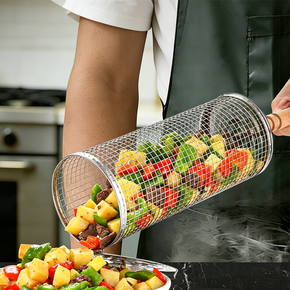 2 Pack Stainless Steel Rolling Grill Baskets with Engineered Wood Handles