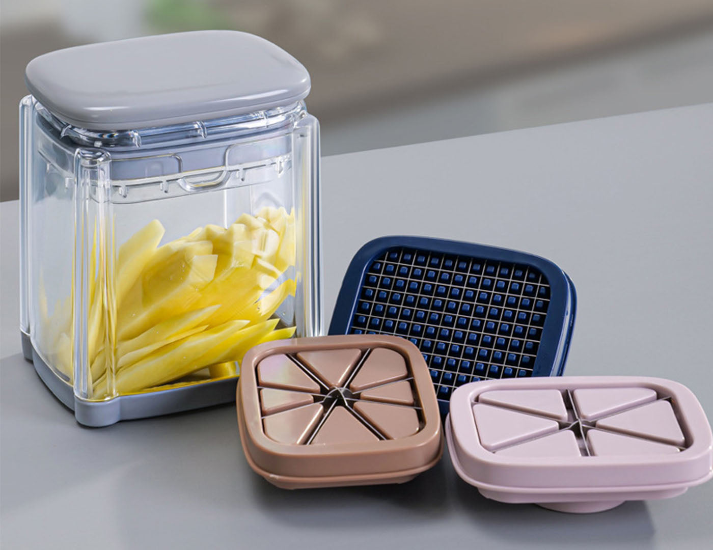 Vegetable Chopper with 4 Interchangeable Blades Press-Type Food Cutter with Container for Dicing