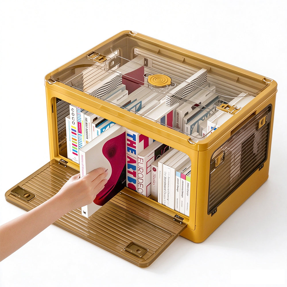 5 Door Transparent PP Foldable Storage Box with Wheels and Top Lid-Yellow