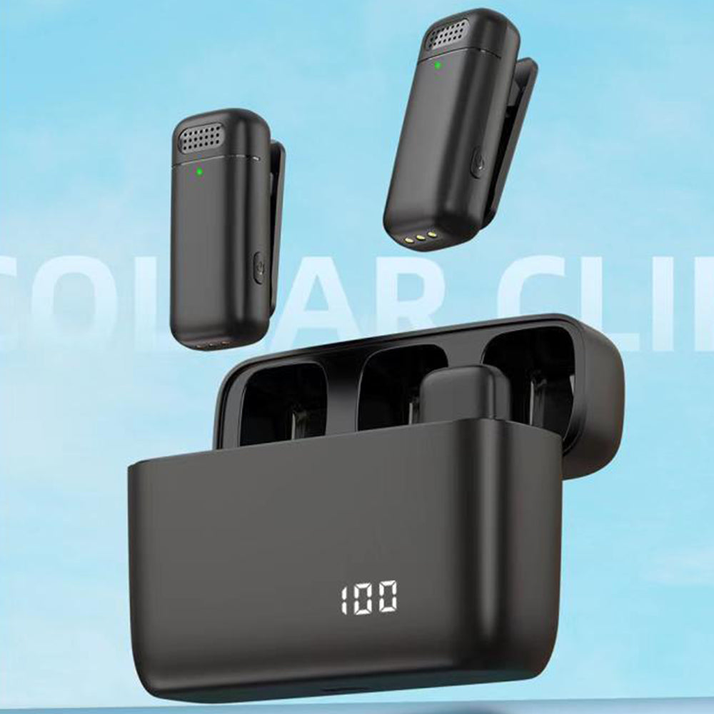 Dual Wireless Lavalier Mics with Charging Case Noise Reduction Lapel Microphone