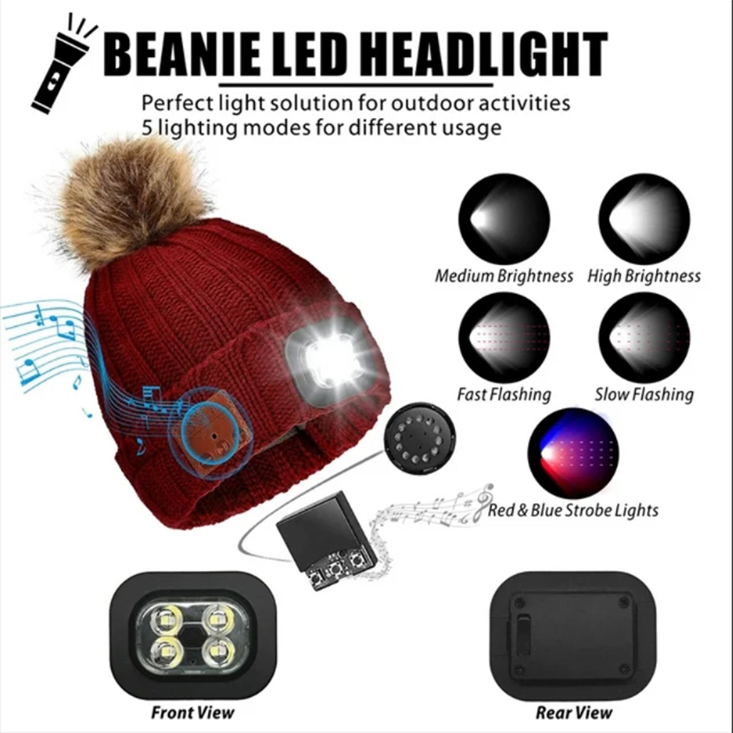 400mAh USB Rechargeable Bluetooth 5.2 Hat Stereo Headphone with 4 LED Light