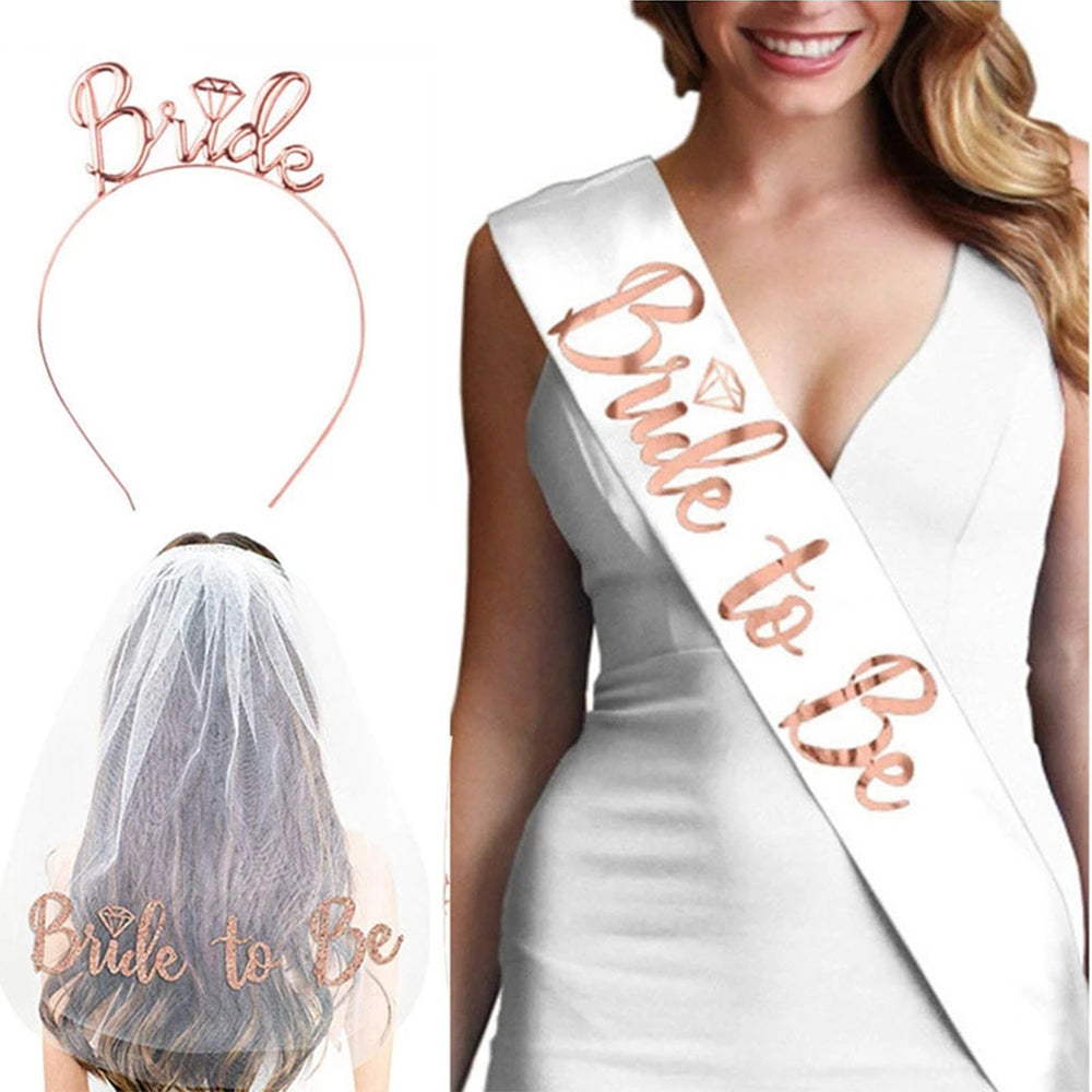 3pcs Bride to Be Sash Headband Tiara Veil Tattoo Bachelorette Bridal Shower Decoration Accessories
