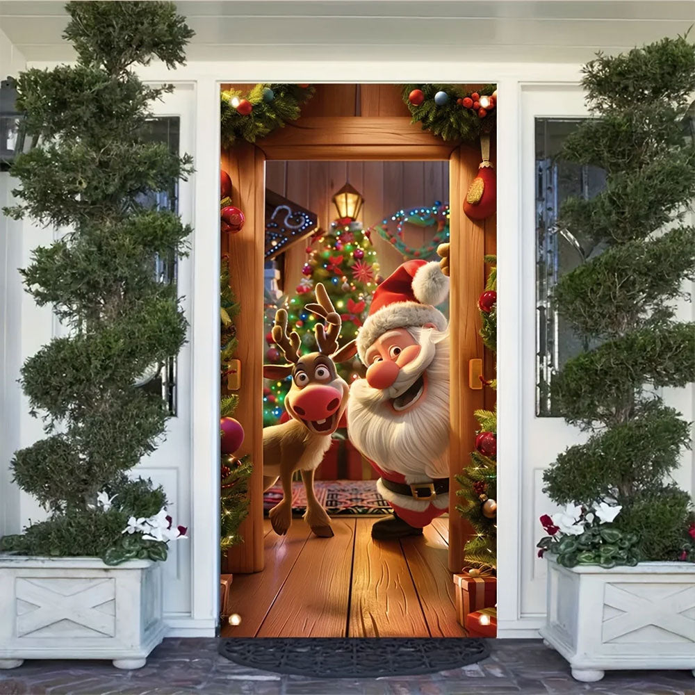 2Pcs 180x90CM Santa Claus Door Cover Christmas Background Cloth Hanging