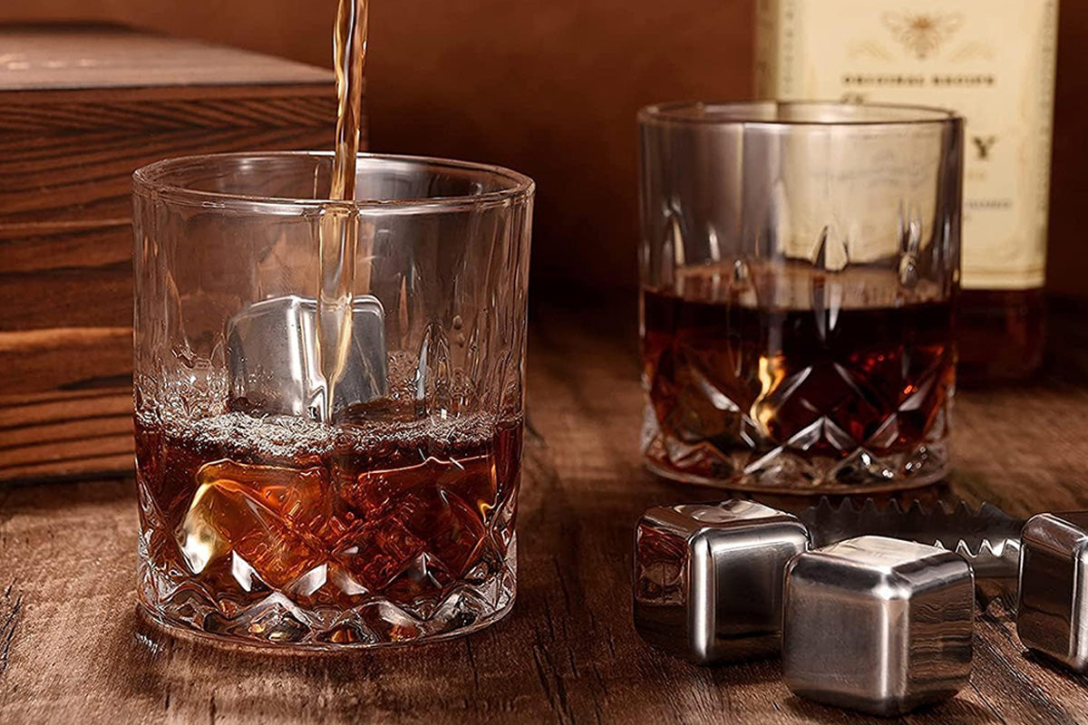 Whiskey Glass Set for Men Stainless Steel Tumblers with Whiskey Stones and Wooden Box