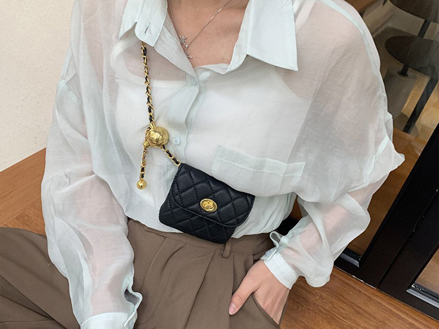 PU Leather Women Adjustable Metal Chain Belt Crossbody Waist Bag