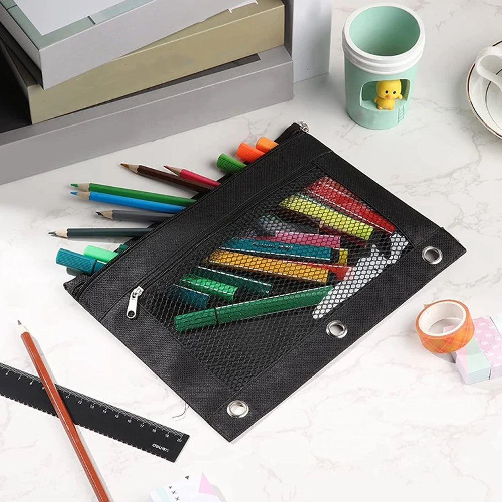 3Pcs 3 Ring Binder Pencil Pouches Double Zipper Stationery Bag