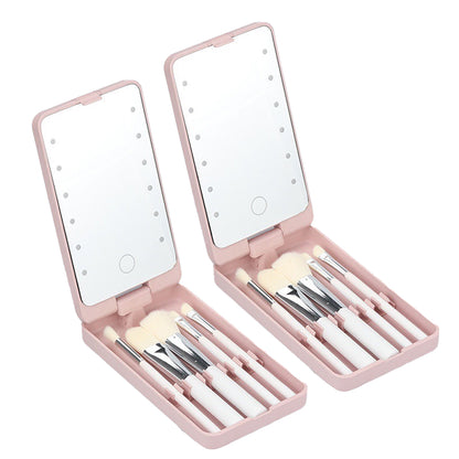 2Pcs Compact LED Makeup Mirror with Cosmetic Brush and Holder
