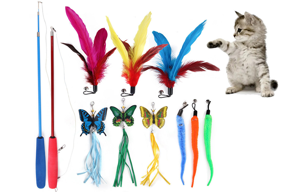 Interactive Cat Toy Set Telescopic Cat Wand with Feather Replacement Pack for Indoor Cat Play
