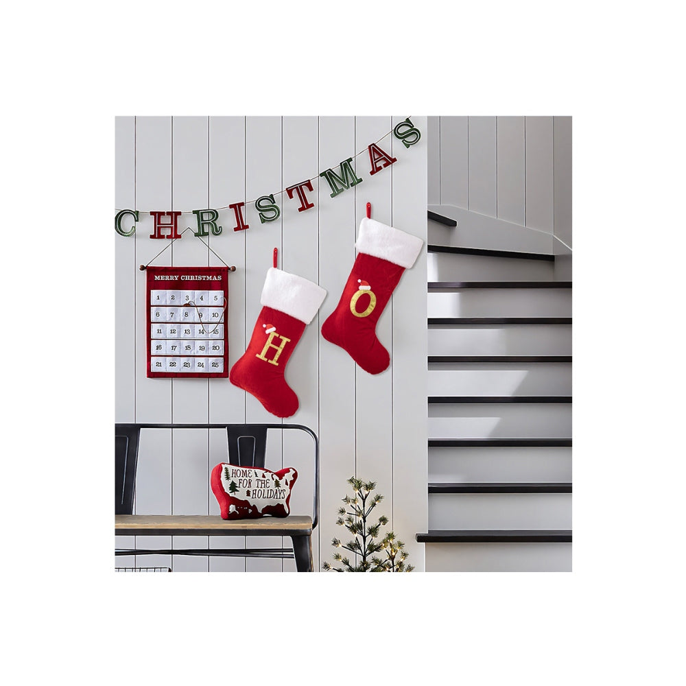 4Pcs Red Flannel Christmas Stocking with Letter Design for Holiday Decor