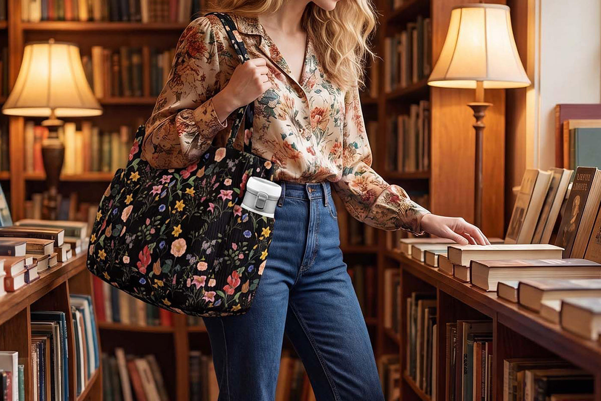 Corduroy Tote Bag with Side Water Bottle Pockets Large Shoulder Bag Casual Handbag