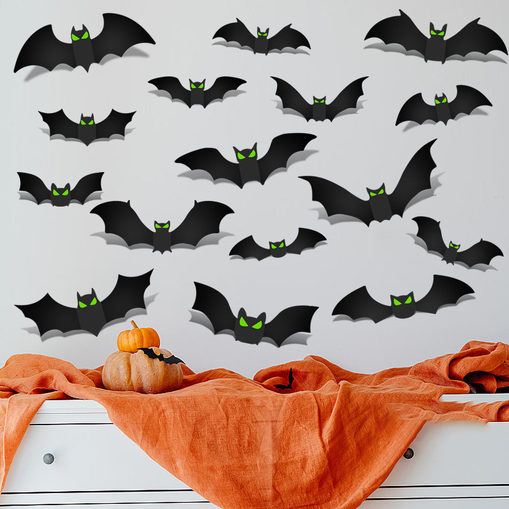 144Pcs 3D Black Bat With Glow Eyes Halloween Decorative Bats Wall Stickers
