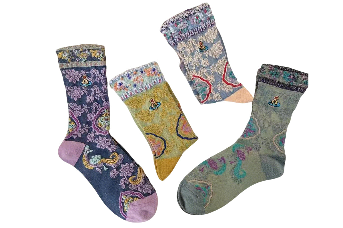4 Pairs Women's Vintage Saturn Embroidered Retro Floral Socks