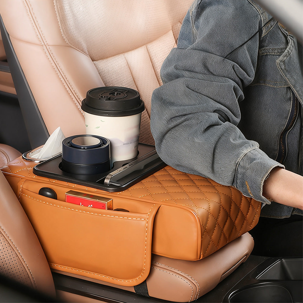 Car Armrest Cushion Organizer with Cup Holder Multi Functional Center Console Booster Pad