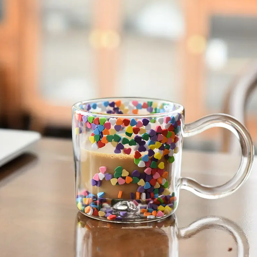 Double Wall Glass Cup with Colorful Love Granule Fillings