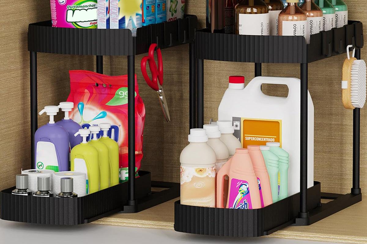 2Pcs Pull Out Storage Organizer Under Sink Shelf with 8 Hooks for Home Use