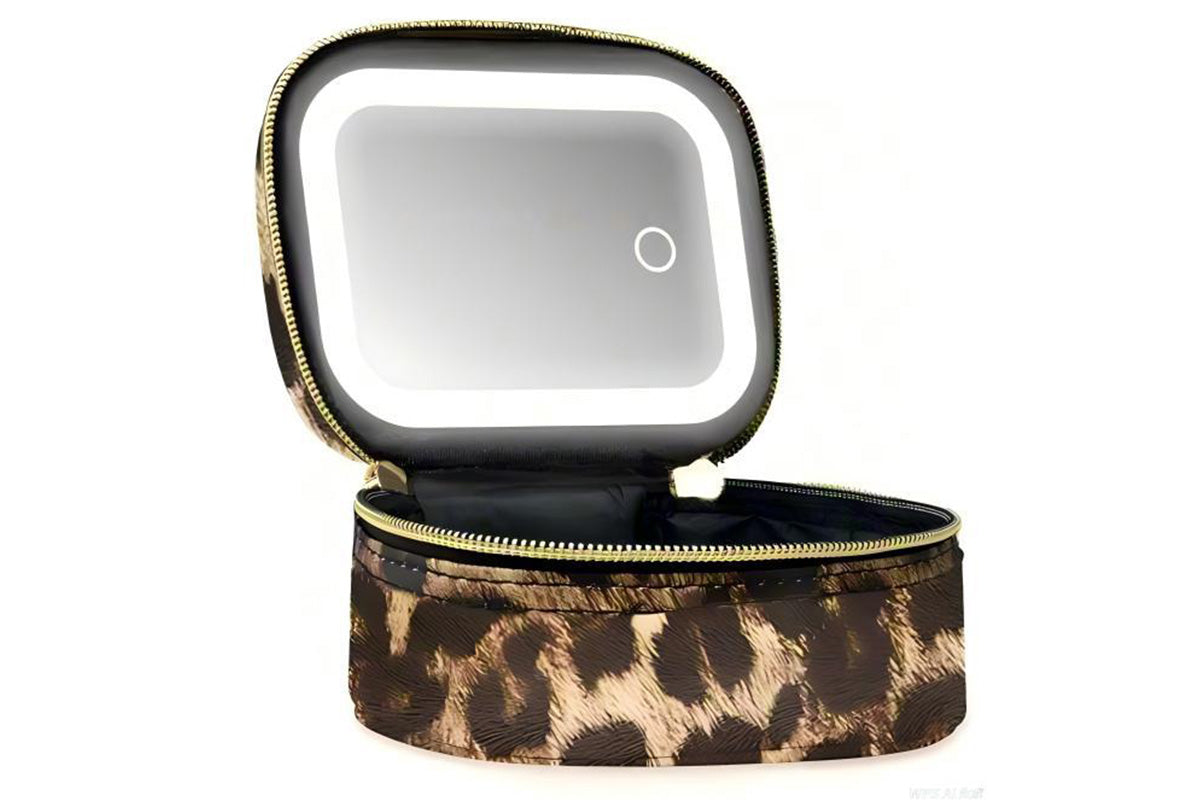 PU Leather Makeup Case Lighted Mirror LED Travel Cosmetic Organizer