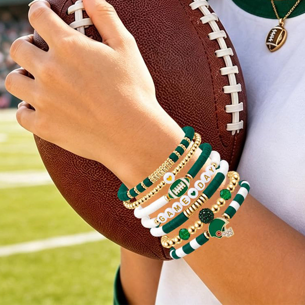 7 Piece Elastic Clay Bead Football Bracelet Stack Set