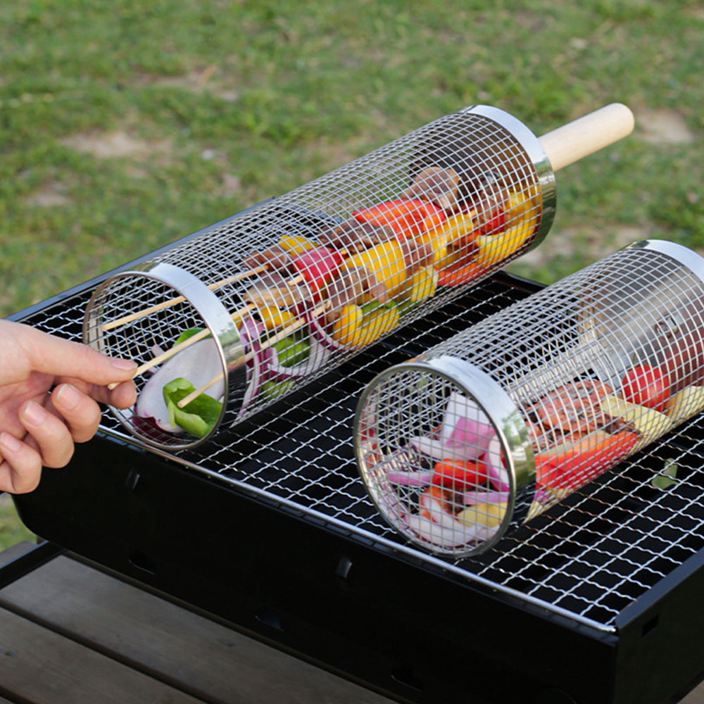 2 Pack Rolling Grill Basket with Wooden Handle Stainless Steel BBQ Accessory