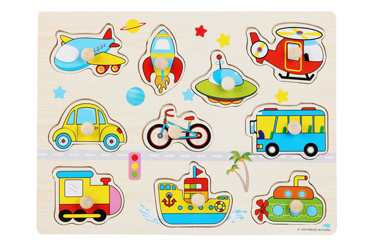 4 Sets Wooden Peg Puzzle for Girls Boys with Alphabet Number Animal Dinosaur Vehicle