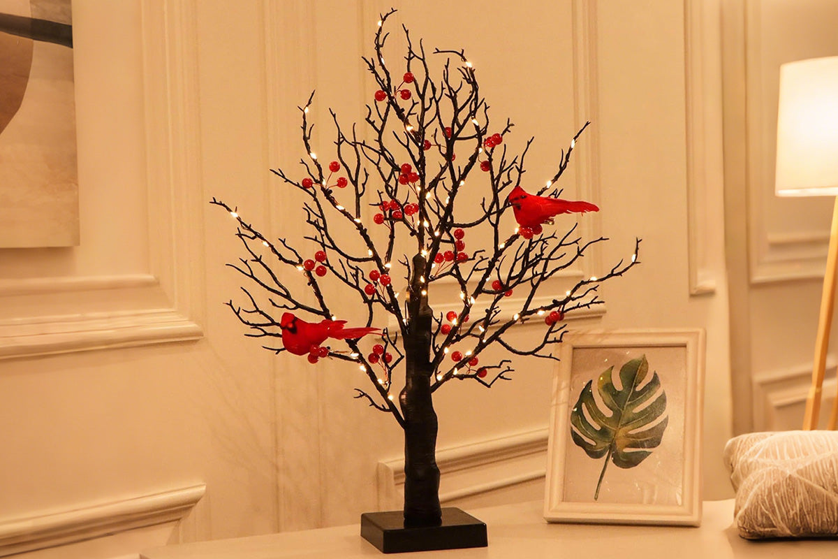 LED Vintage Christmas Tree with Red Cardinals and Warm White Glow