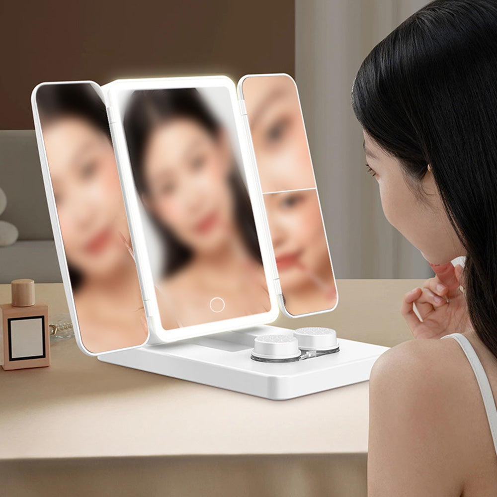 3 in 1 Foldable Makeup Mirror with Lights and Contact Lens Case for Travel