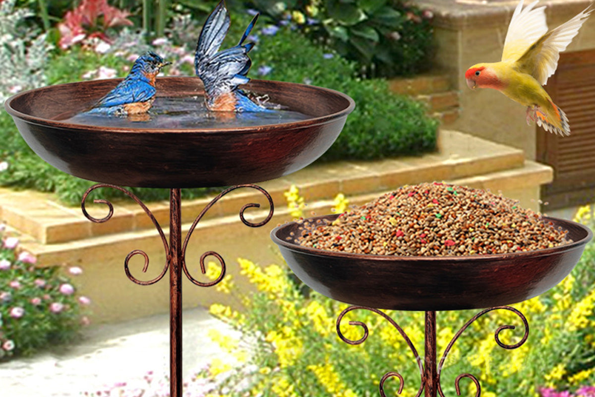 Vintage Metal Bird Bath & Feeder Bowl Weather-Resistant Garden Stand for Outdoor Yard Decor