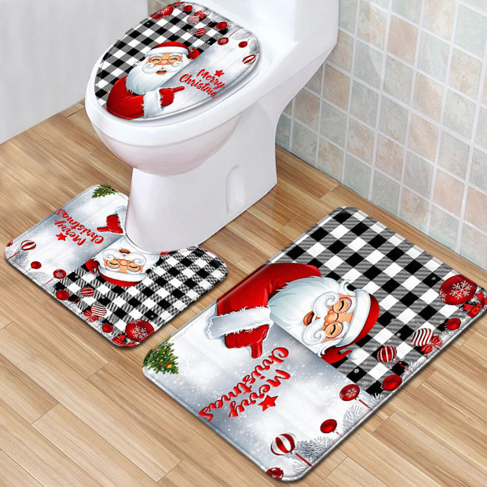 Christmas Non-Slip 3 PCs Bath Rugs Sets Toilet Lid Cover Toilet Mat Bathroom Decor