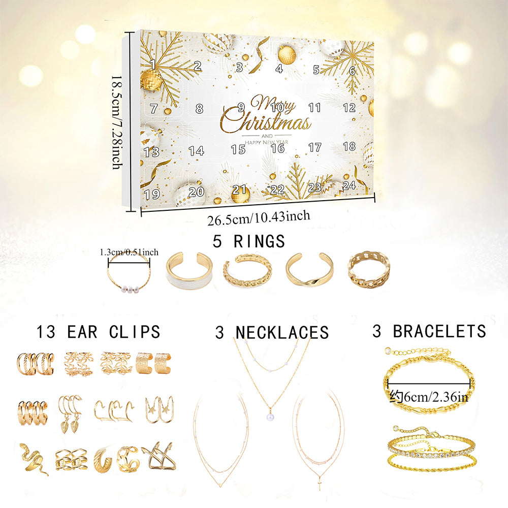 Jewellery Advent Calendar 24 Day Countdown Christmas Calendar with Gold Necklace Rings Earrings Bracelet Gift Set