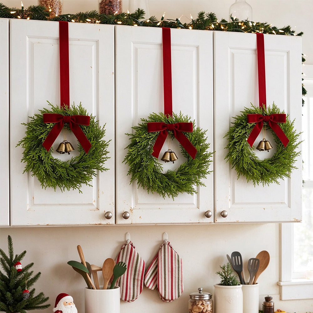 Vintage Brass Bell Christmas Wreaths with Burgundy Bow