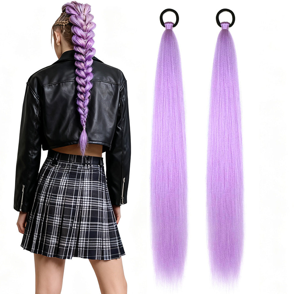 2PCS Purple Ponytail Extension With Elastic Tie Straight Sleek Wrap Around Braid