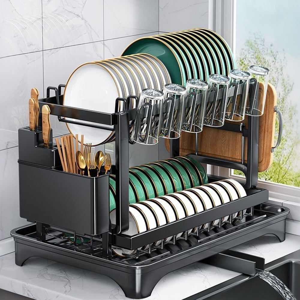 Two-Tier Carbon Steel Dish Drying Rack with Divided Storage
