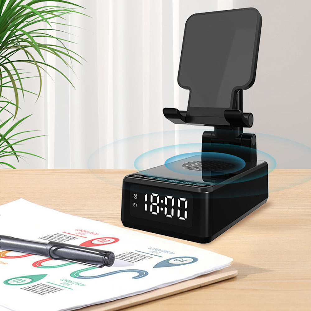 4-in-1 USB Plug Wireless Phone Charger with Bluetooth Speaker and Alarm Clock