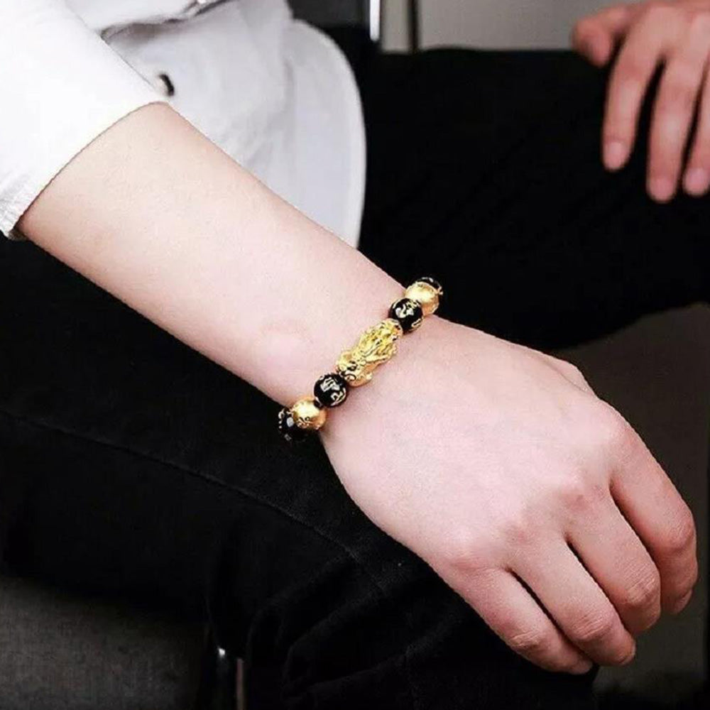 Feng Shui 12mm Black Mantra Beads Pi Xiu Bracelets for Women Men Attract Wealth and Good Luck