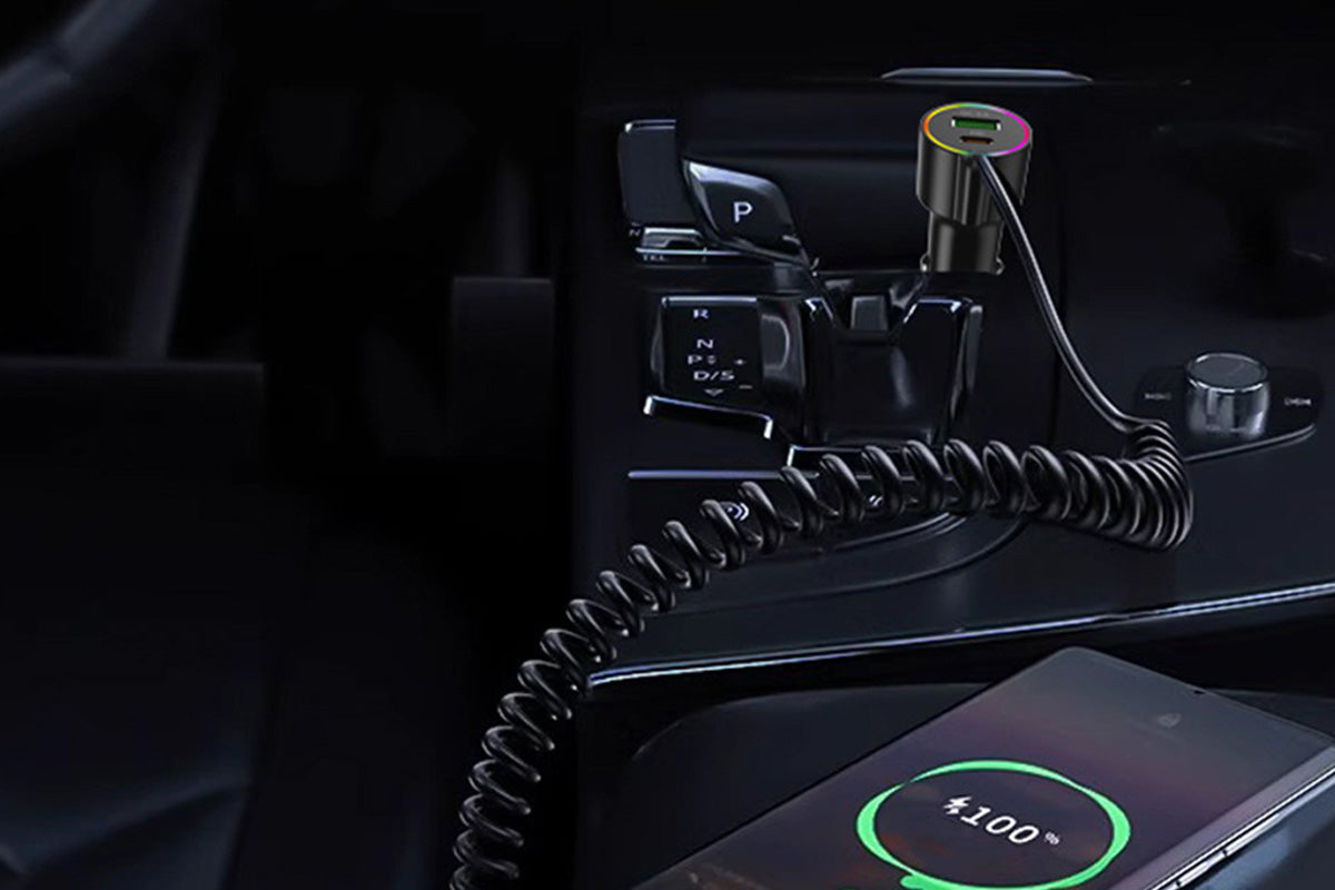 3 In 1 Car Charger With Retractable Coiled Cable USB And Type-C Fast Charging