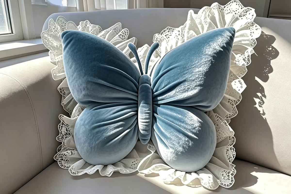 Butterfly Shape Throw Pillow with Lace Ruffle Trim Decorative Cushion Home Decor Cushion Butterfly Velvet Throw Pillow