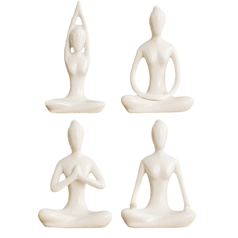 4Pcs White Ceramic Yoga Pose Statue Sculpture