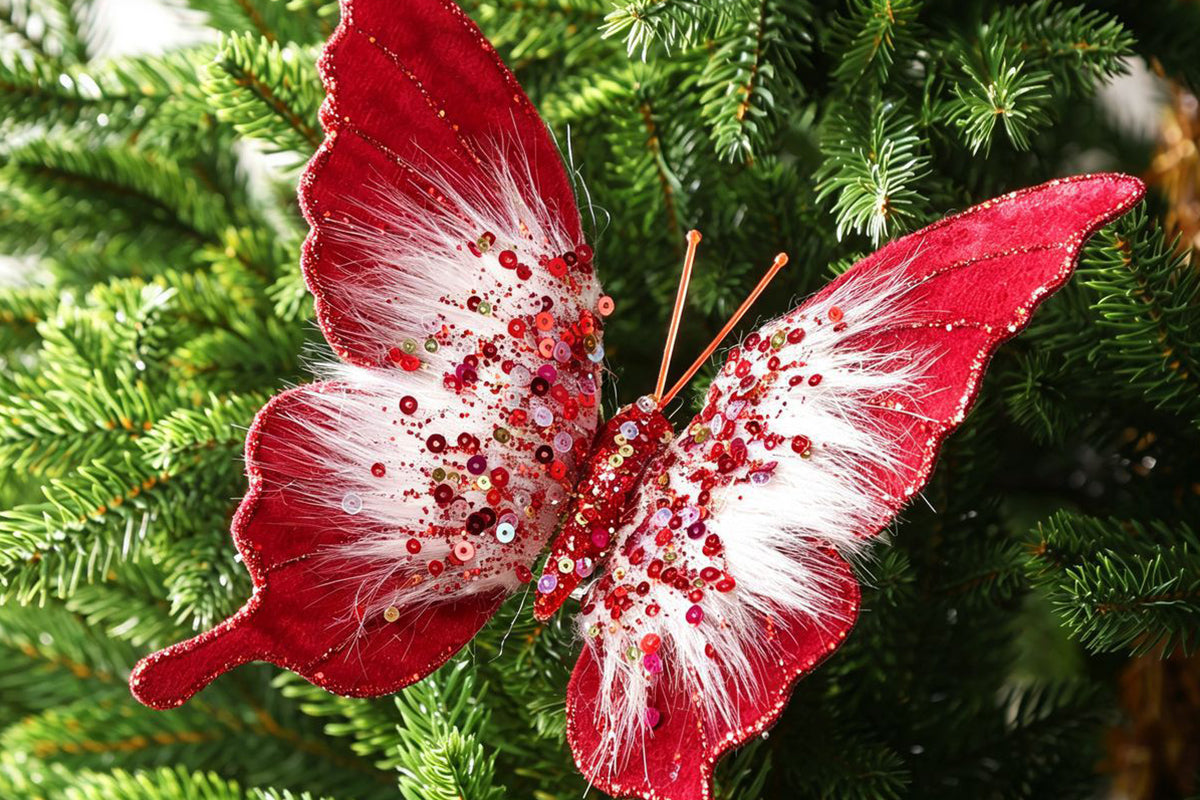 8pcs 3D Fabric Butterfly Clip Ornaments Sequins Glitter Trim Butterfly Clips Decor for Christmas Tree