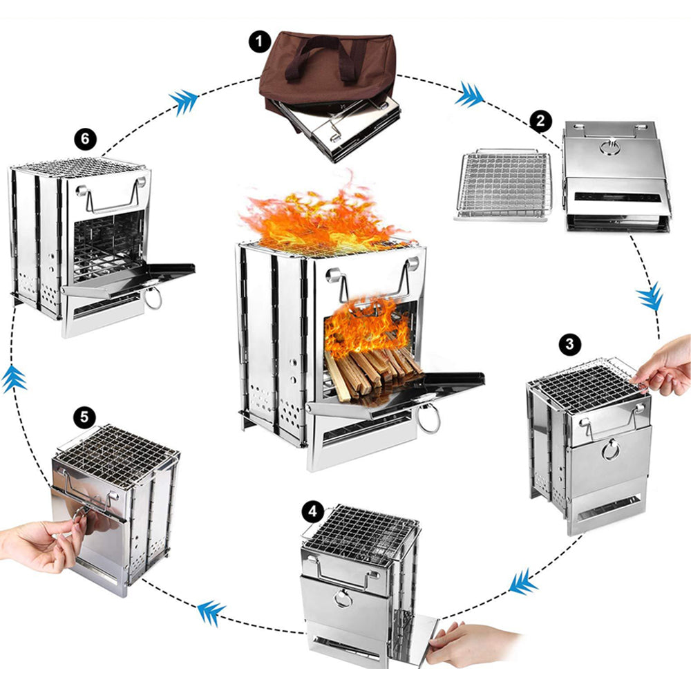 Portable Folding Stainless Steel Wood-Burning Camping and Barbecue Stove