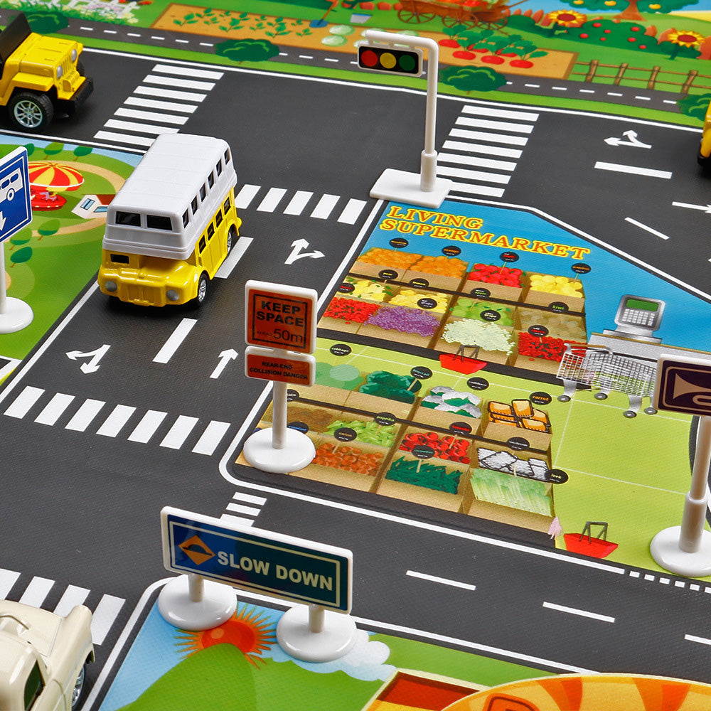 Floor Play Mat Rug Traffic Road Signs Car Track City Carpet Toy with 10 Trees
