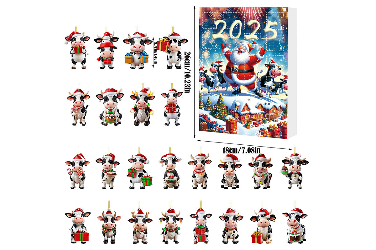 2025 Christmas Cow Advent Calendar Blind Box 24 Days Ornaments Set for Tree