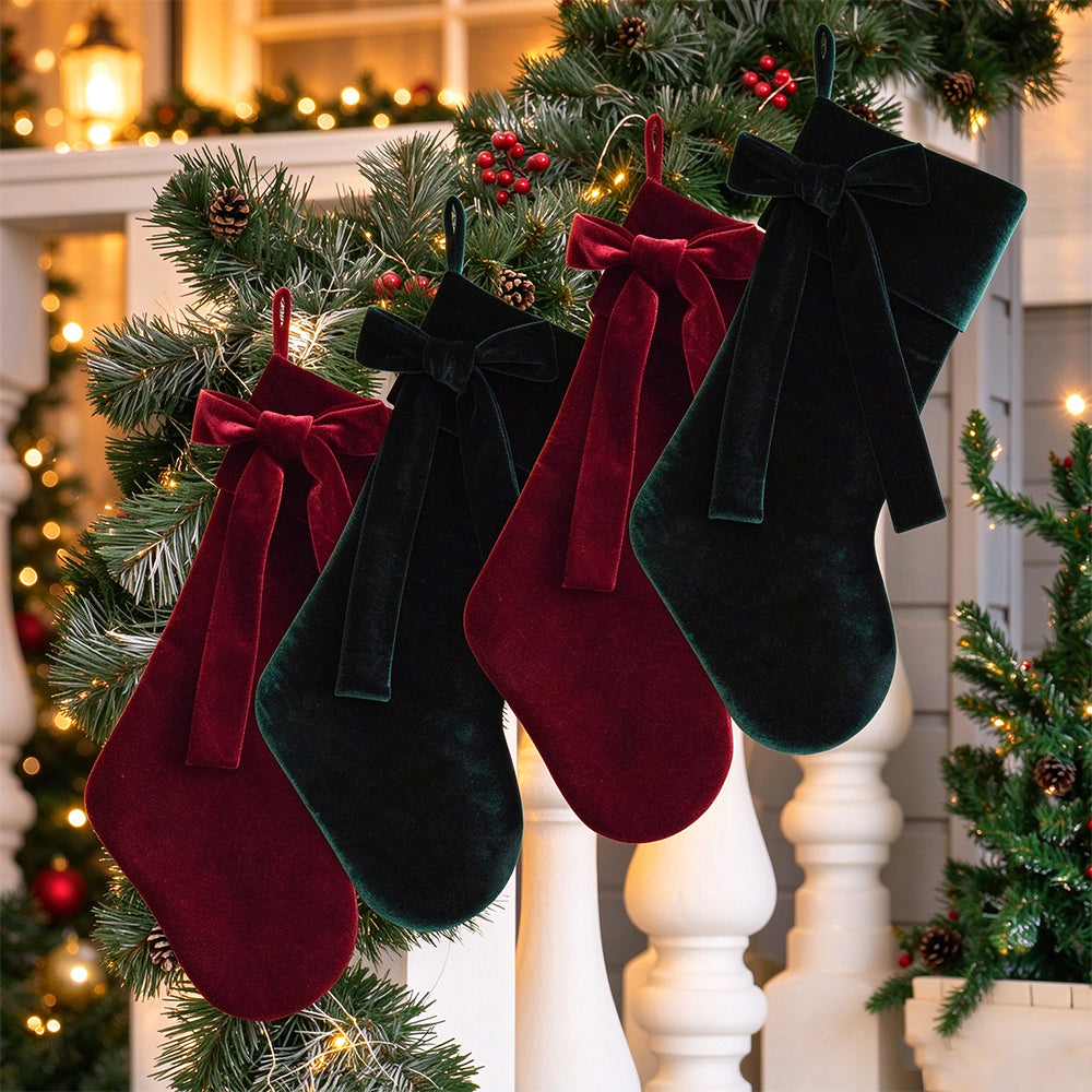 4 Velvet Christmas Stockings with Bows in Red and Green for Fireplace