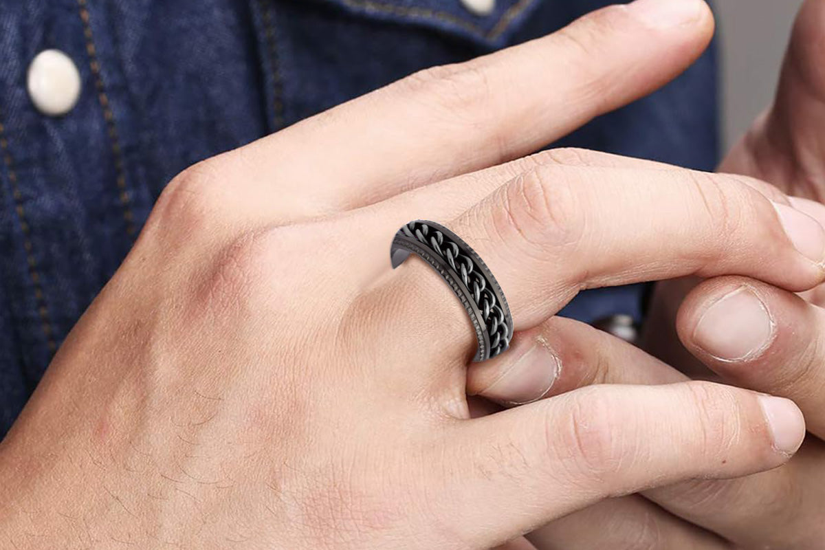 Fidget Rings Anxiety Spinner Rings Stainless Steel Chain Rings-Black