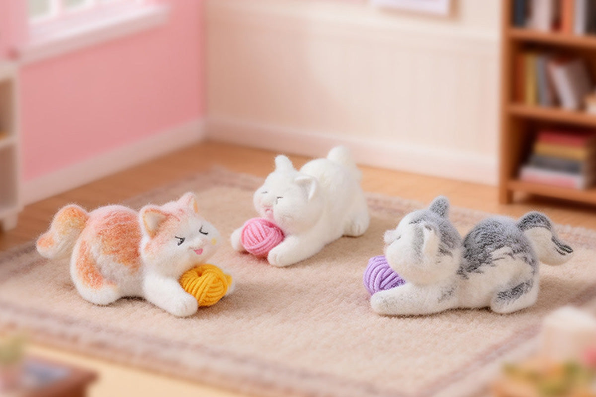 6Pcs Cute Flocked Cat Figurines Cat Playing Yarn Balls Garden Decor Set