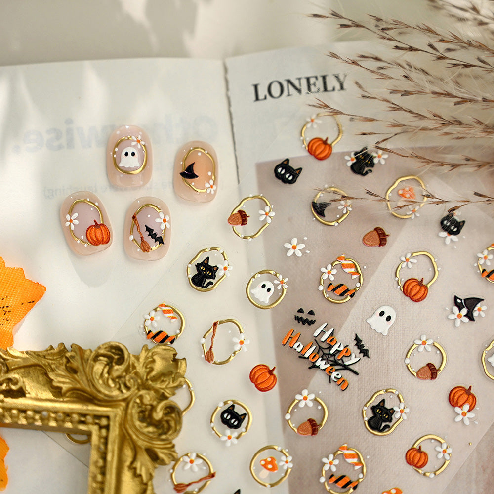 Halloween Nail Art Stickers Black Cat Ghost Pumpkin Self-Adhesive