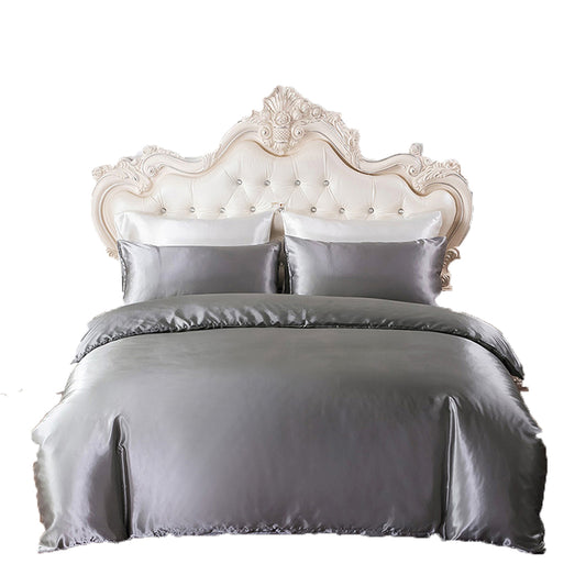 Single Double Queen Quilt Cover Silk Satin Bedding Set-Grey