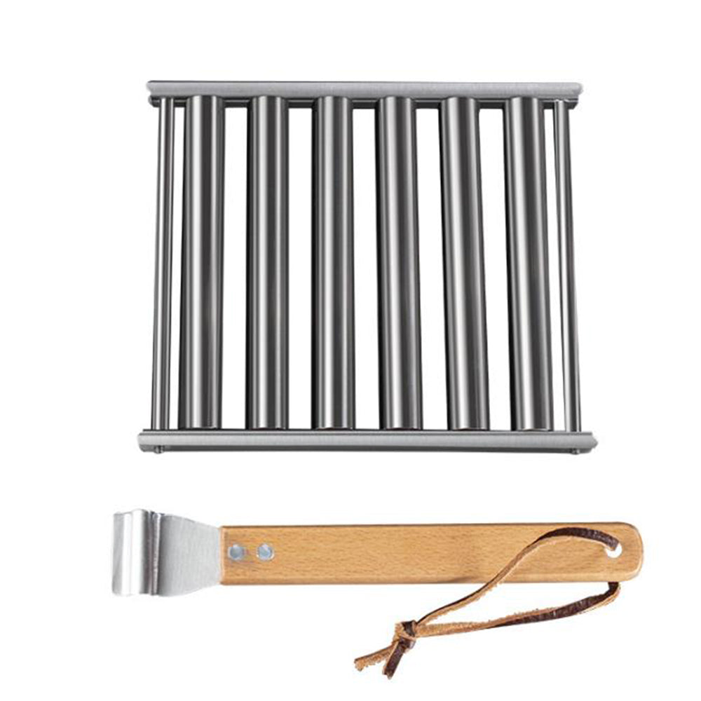 Stainless Steel Hot Dog Grill with Wooden Handle and 4 BBQ Skewers