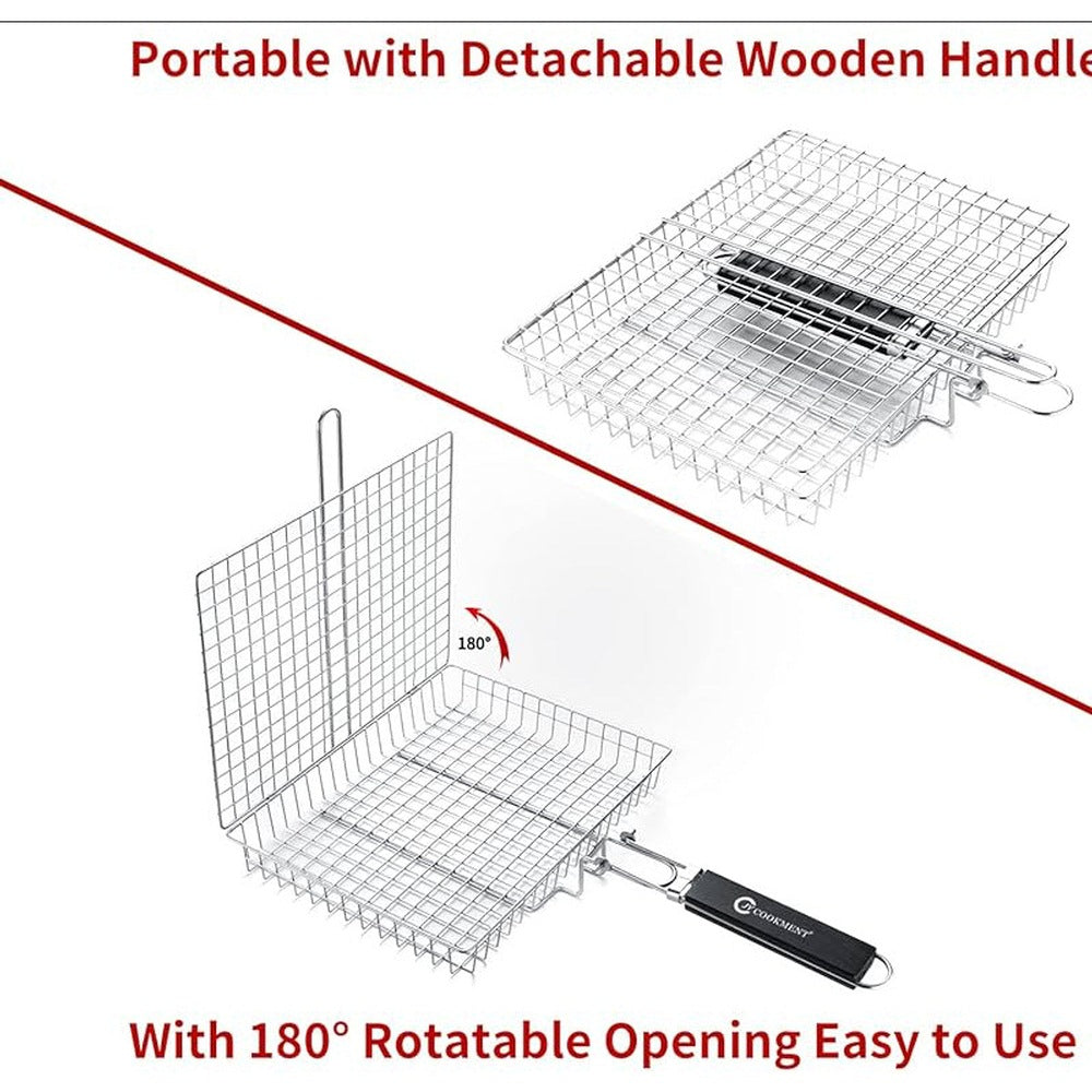 Portable Square BBQ Grill Basket with Wooden Folding Handle