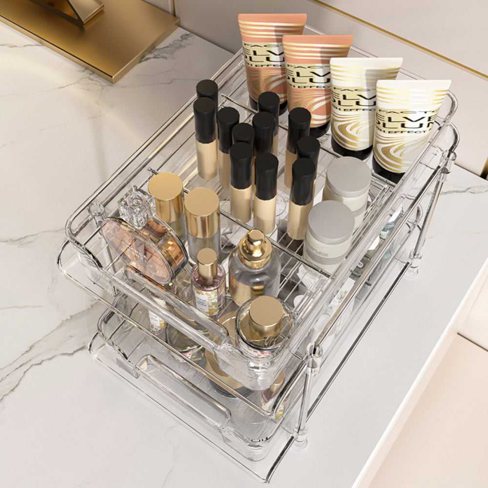 2 Tier Bathroom Storage Organizer with Dividers Makeup Desktop Storage Rack