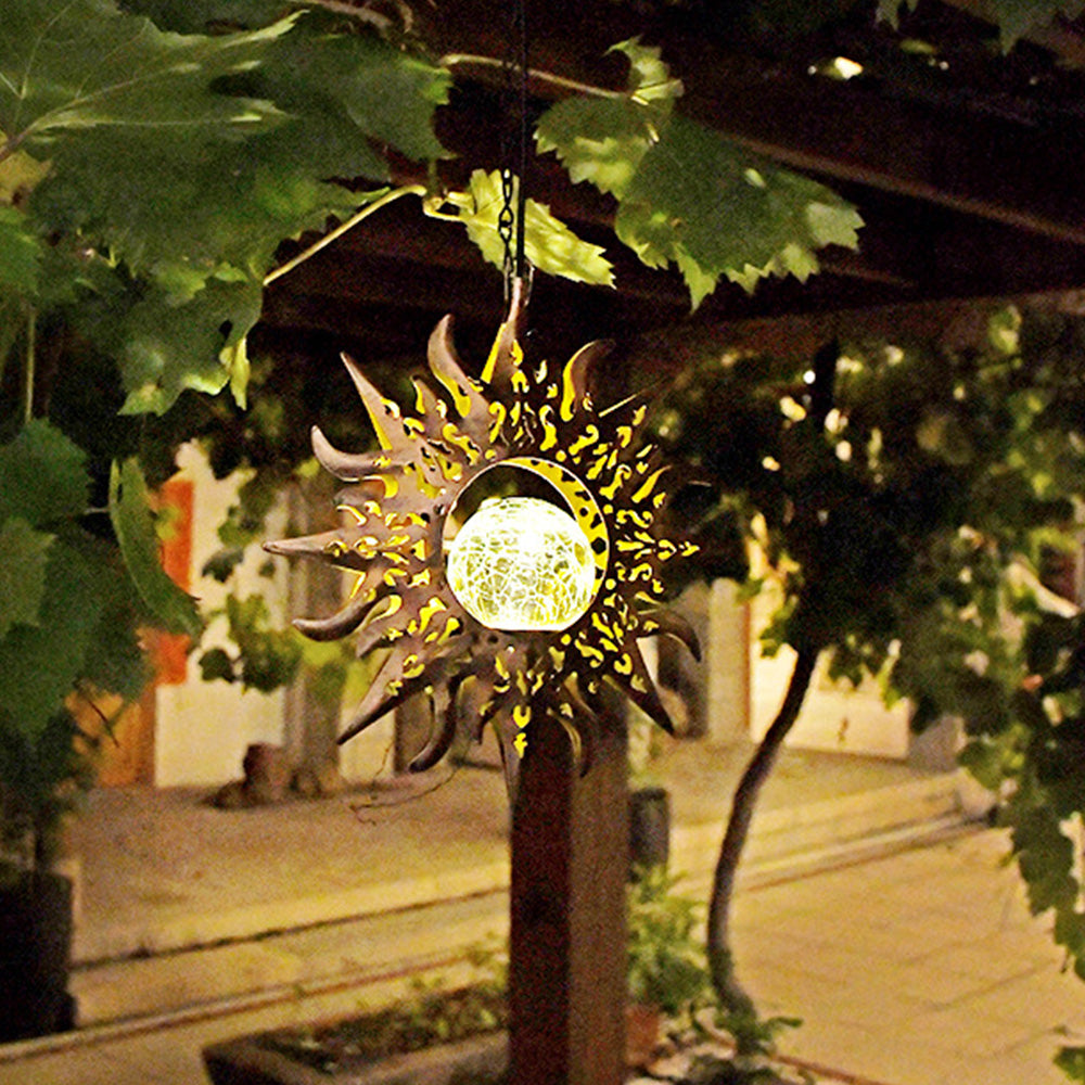 Hanging Solar Lights Outdoor Sun Moon Cracked Glass Lantern for Garden Patio Decor