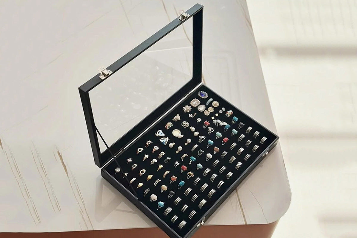 100 Slots Jewelry Ring Display Organizer Box with Glass Lid Earring Storage Tray